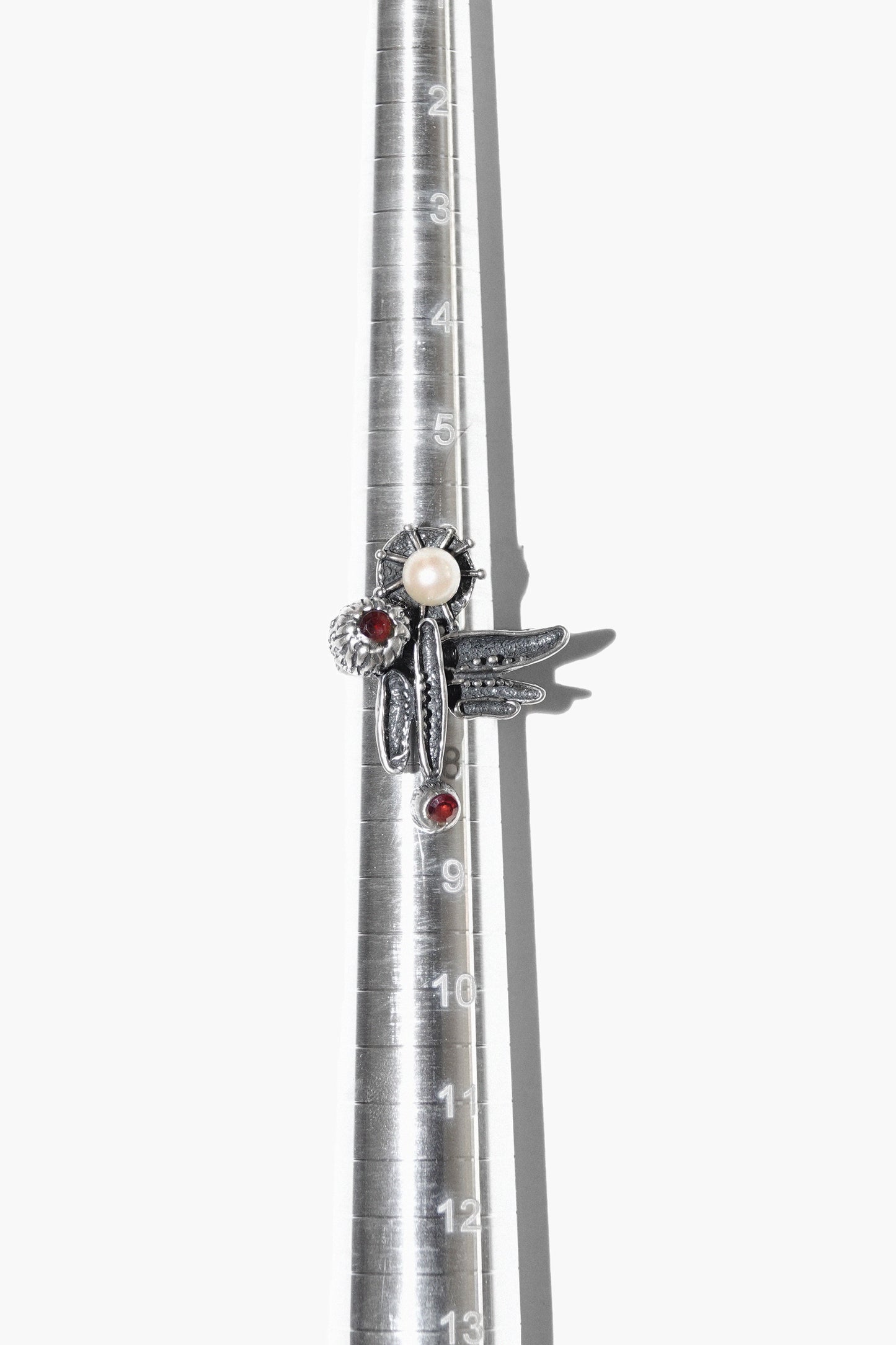 GARNET & PEARL FLOWER RING (STERLING SILVER)