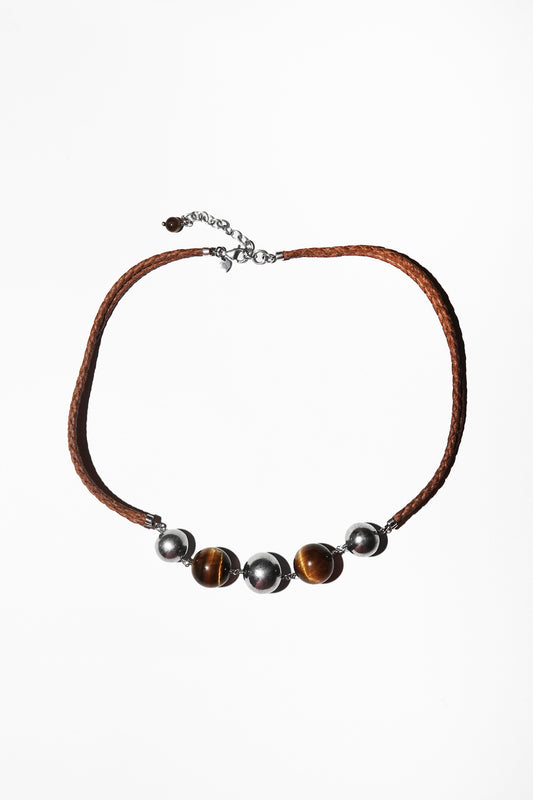 BRAIDED LEATHER NECKLACE (STERLING SILVER & TIGER'S EYE)