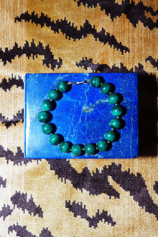 Vintage sterling silver bracelet with malachite sphere beads
